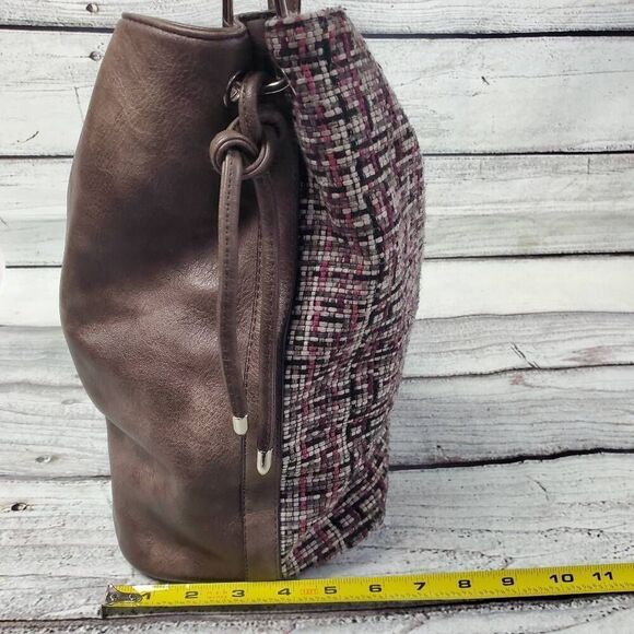 Coco + Carmen Vegan Leather & Tweed Shoulder Bag – Brown/Pink Plaid Purse Tote - Picture 8 of 16